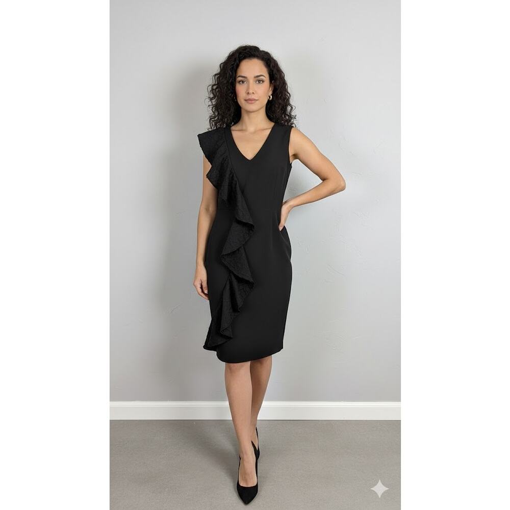 Calvin Klein Dress Sz 8 Black Ruffle V-Neck Sleeveless Sheath Gold Back Zip EUC